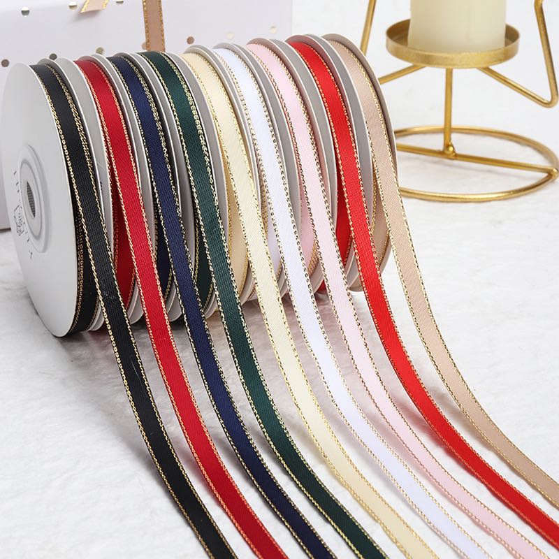 Gold Edge Polyester Decorative Satin Ribbon Single Sided for Garment DIY Gifts