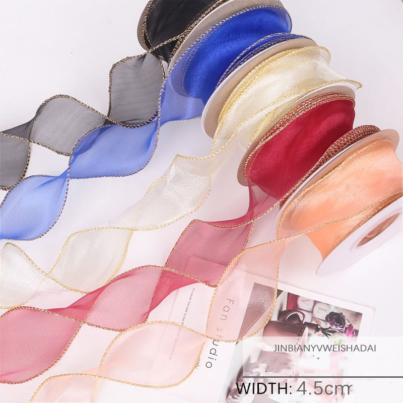 Wholesale Solid Color 100% Nylon Sheer Ribbon Organza with Gold line 